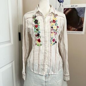 Boho Embroidered Floral Striped Women's Top